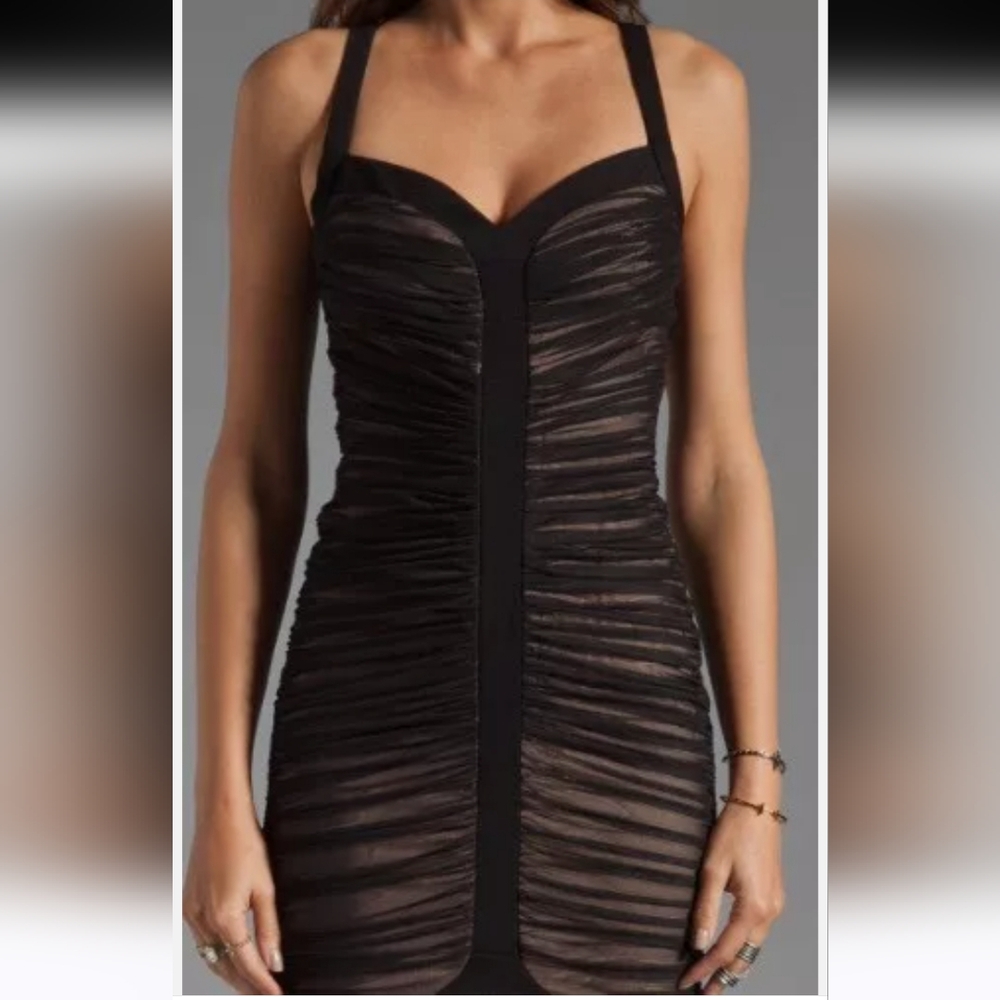 BCBG MAXAZRIA Keylene Ruched Sheer Black Combo Nude Cocktail Dress Sz M like new
